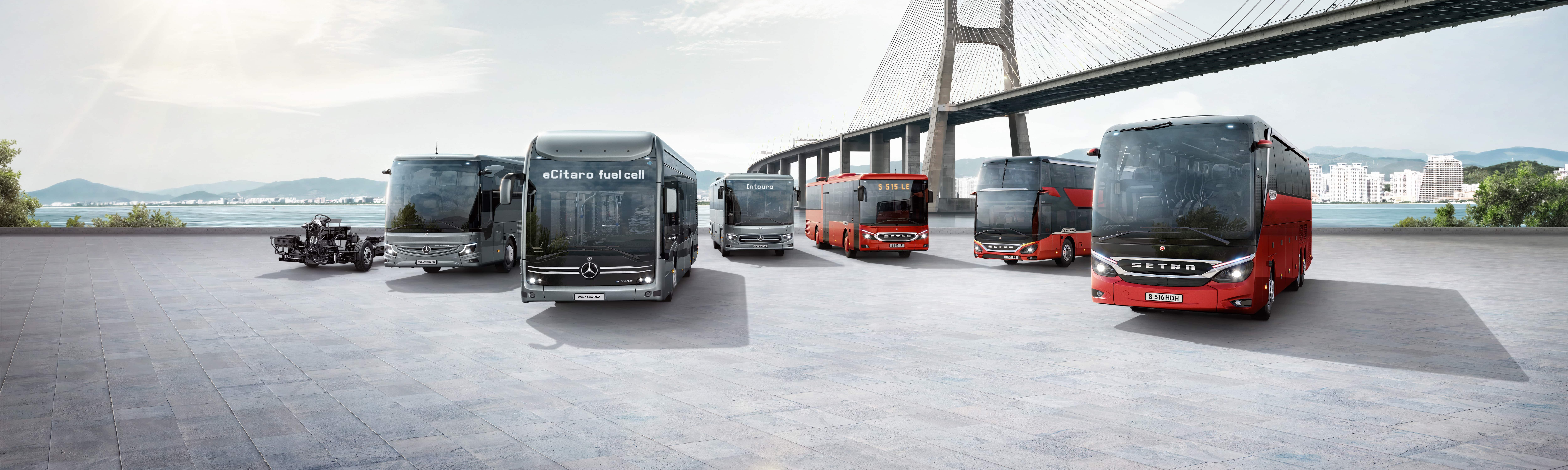 City, intercity and coaches as well as bus and coach chassis of the Mercedes-Benz and Setra brands as part of the Daimler Buses portfolio.